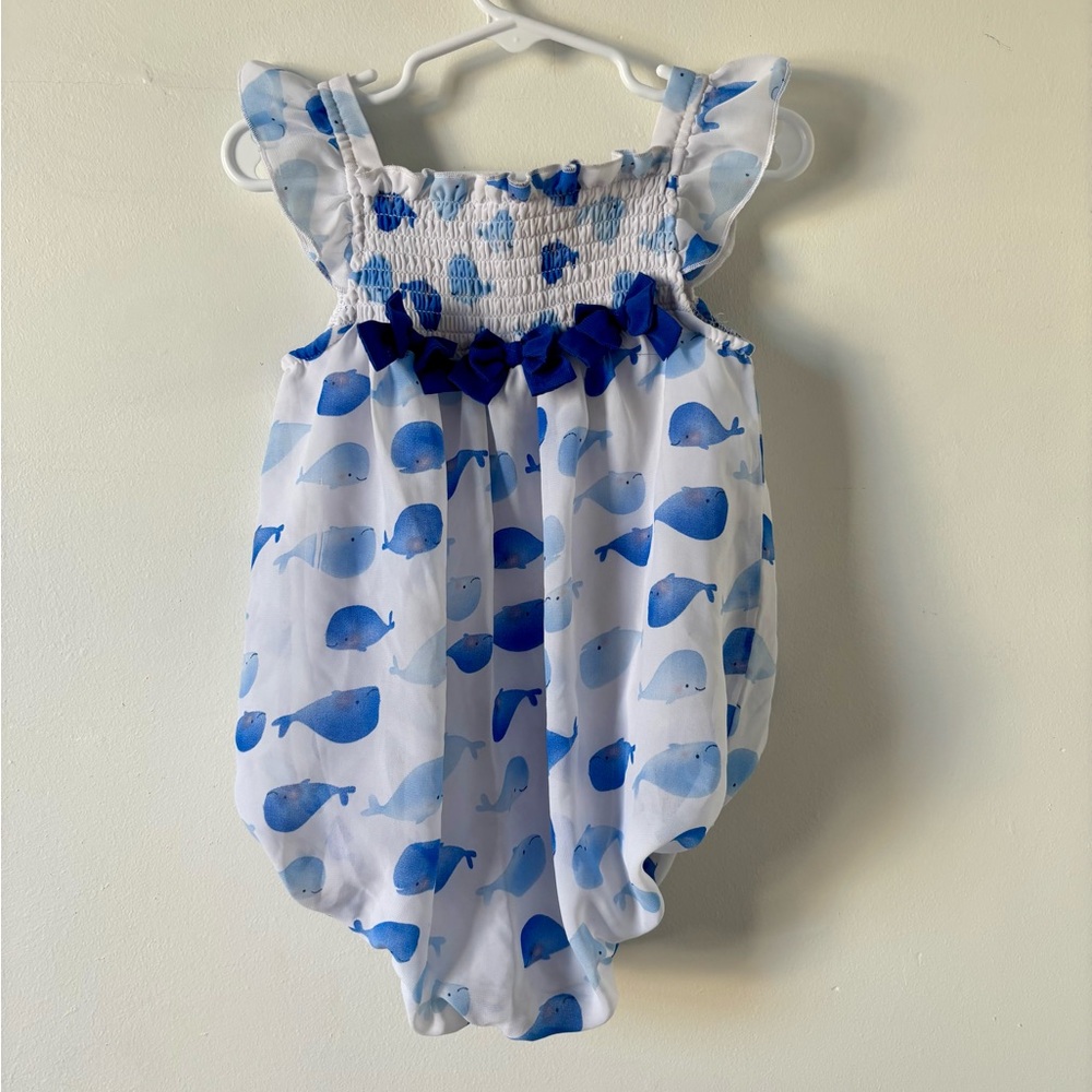 First Impressions Whale Bubble Romper Smocked with Bows sz 24 mo